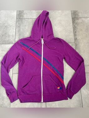 Aviator Nation purple stripe zip hoodie pray for snow Small